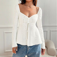Winter New Elegant Women Solid Color U-neck Spliced Tie Lace Long Sleeve Top