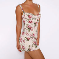 Womens Floral Print Deep V-Neck Suspender Dress