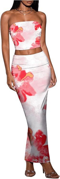 Sexy Form-fitting Two-piece Set Featuring A Floral Bustier Top And A Midriff-baring Bodycon Skirt