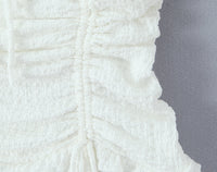 White Puff-Shoulder Ruffle-trimmed Sweet Vest Dress With Drawstring Waist And Pleats