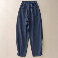 Navy Blue Cotton-Linen Ankle-Cinched Bloomer Pants For Women