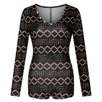 Geometric Print Long Sleeve Deep V Neck Buttoned One Piece Swimsuit