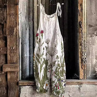 Women's Cotton Linen Suspender Trousers Printed Suspenders Casual Jumpsuit