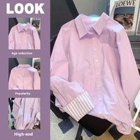 Purple Striped Polo Collar Shirt Women's Long-sleeved Top