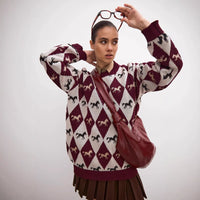 Womens Versatile Color-Block Jacquard Knit Top With Long Sleeves