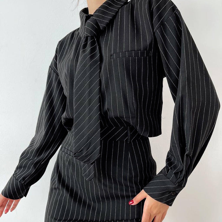 Striped Long Sleeve Tie Shirt Outfit Package Hip Skirt Two-piece Set