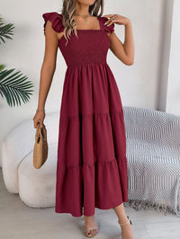 Women's Solid Color Square Neck Ruffle Trim Tie Waist A-Line Maxi Dress
