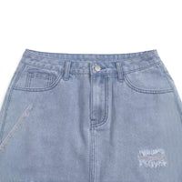 Ripped Denim Mini With Raw Hem Street-style Casual Denim Skirt Featuring Pockets