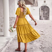 Square Collar Backless Puff Sleeve Pleated Short Sleeves Dress