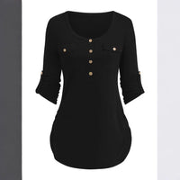 Solid Color Round Neck Long Sleeve Button Casual Beautiful Shirt Cute
