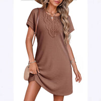 New Pineapple-Print Lace V-Neck Short-Sleeve Casual Blouse Dress For Women