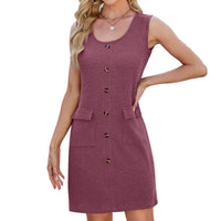 Crew-neck Buttoned-pocket Sleeveless Vest Dress