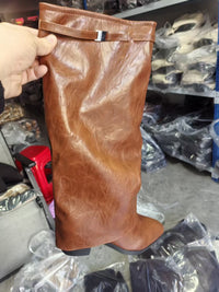 Pointed Toe High Tube Pants Boots Pleated Chunky Heel Sleeve