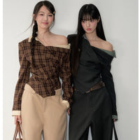 Plaid Off-the-Shoulder Fake Two-Piece Long-Sleeve Shirt For Women