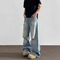 Wide Leg Straight Cat Beard Water Washed Hole Jeans