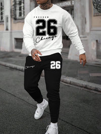 Sports Men's Clothing Casual Retro Digital Printed Round Neck Sweater Suit