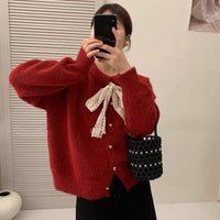 New Lace Lace-up Round Neck Heart Buckle Long Sleeve Plush Knitted Cardigan