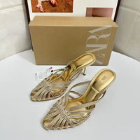 New Gold Hollow Thin Strip Heels For Women Luxury Pointed To