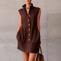Slimming Sleeveless Stand-Collar Shirt Dress For Summer
