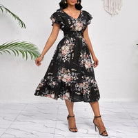 Spring Summer Ruffled-Edge Short-Sleeve Printed Dress With Elastic Waist