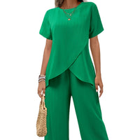 Womens Two-Piece Set Crew-Neck Short-Sleeve Pullover With A Loose