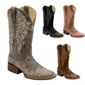 Autumn Winter Embroidered And Printed Chunky-Heel Square-Toe Mid-Calf Knight Boots