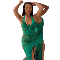 Neck-hanging Slit-printed Dress For Women