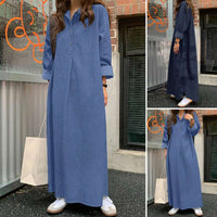 Solid-color Lapel Long-sleeve Button-front Loose-fitting Maxi Denim Dress
