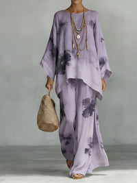 Women's Floral Print Linen Wide-Leg Two-Piece Set