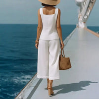 Classic Cotton-linen Square-neck Top And Capri Pants Set