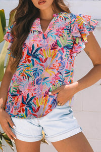 Womens Chiffon Blouse With Ruffled Sleeves And A Printed Design