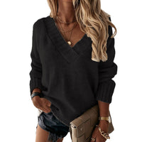 Solid-color Womens V-neck Long-sleeve Pullover Knit Top