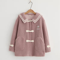Cute Rabbit Embroidered Fur One Lamb Fur Navy Collar Short Coat Girl
