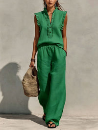 Sleeveless Ruffled V-neck Top And Elastic-waist Wide-leg Pants