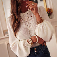 Women's Casual Solid-Color Hollowed-Out Lace Loose Shirt