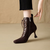 Retro Brown Leather Square-Toe Short Boots With A Stiletto HeelTimeless And Versatile Looks