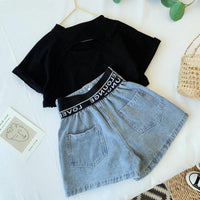 Little Girl Korean Fashion Medium And Large Children's Denim Shorts Two-piece Set