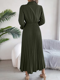 Women's Casual Lapel Button Long Sleeve Tie Waist Pleated Maxi Dress