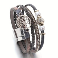Drilled-bead Multi-layer PU Leather Braided Magnetic-clasp Bracelet