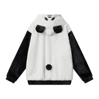 Fleece-lined Thick Color Contrast Patchwork Panda Ears Hooded Sweater