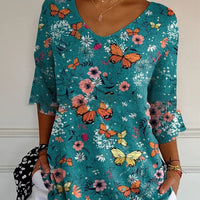 Floral 3d Printed Women's V-neck T-shirt Printed Round Neck Short Sleeve