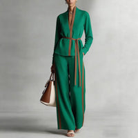 Women's Casual Patchwork Cardigan Shirt And Wide-Leg Pants Set
