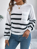 Women Casual Color Block Stripe Lantern Sleeve Pullover Sweater