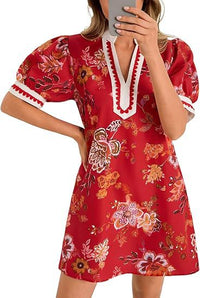 Casual Floral Puff Sleeve V-Neck Colorblock Loose Dress