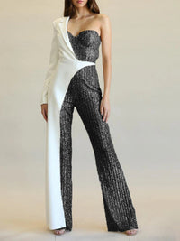 Women's Silver Stitching Sequined One-shoulder Fashionable Sequins Jumpsuit