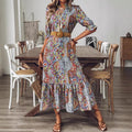 Womens Printed Casual Short-Sleeve V-Neck Tasseled Stand-Up Collar Long Dress