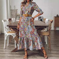 Womens Printed Casual Short-Sleeve V-Neck Tasseled Stand-Up Collar Long Dress