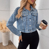 Womens Casual Short Pearl Denim Jacket