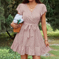 French-style High-waisted Floral-print Lace-up V-neck Short-sleeve Dress