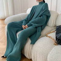 Women's Knitted Wide-leg Pants Sweater Cardigan Three-piece Set